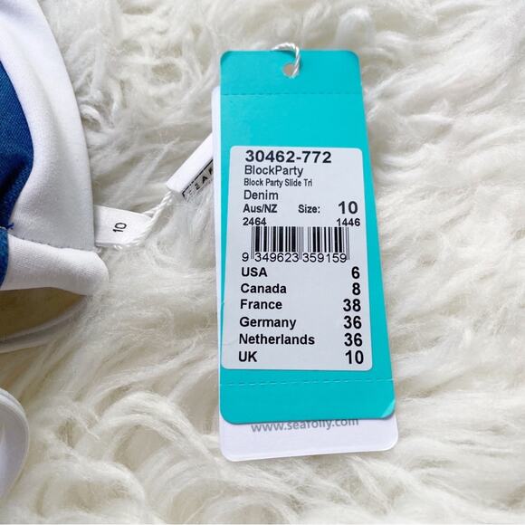 Seafolly | Block Party Slide Triangle Bikini Top Denim Blue White US 6 - Picture 6 of 6